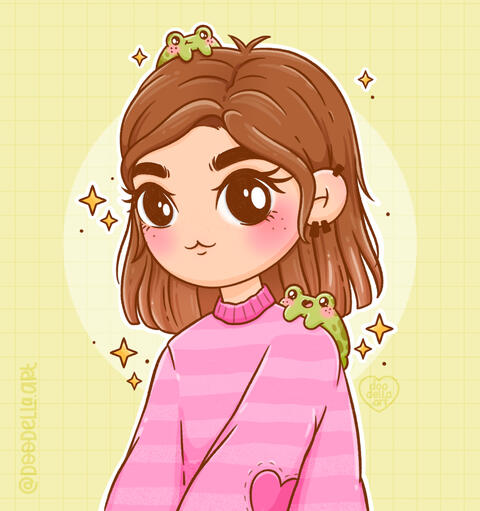 illustration of a cute girl with short brown hair in pink jumper with tiny frog on her head and shoulder