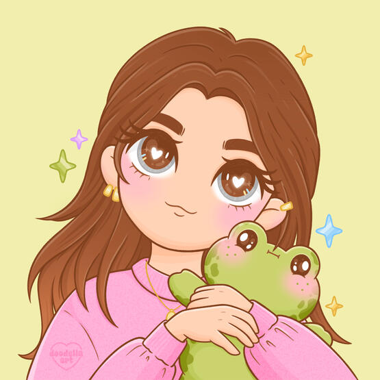 illustration of a cute girl with short brown hair in pink jumper with tiny frog on her head and shoulder